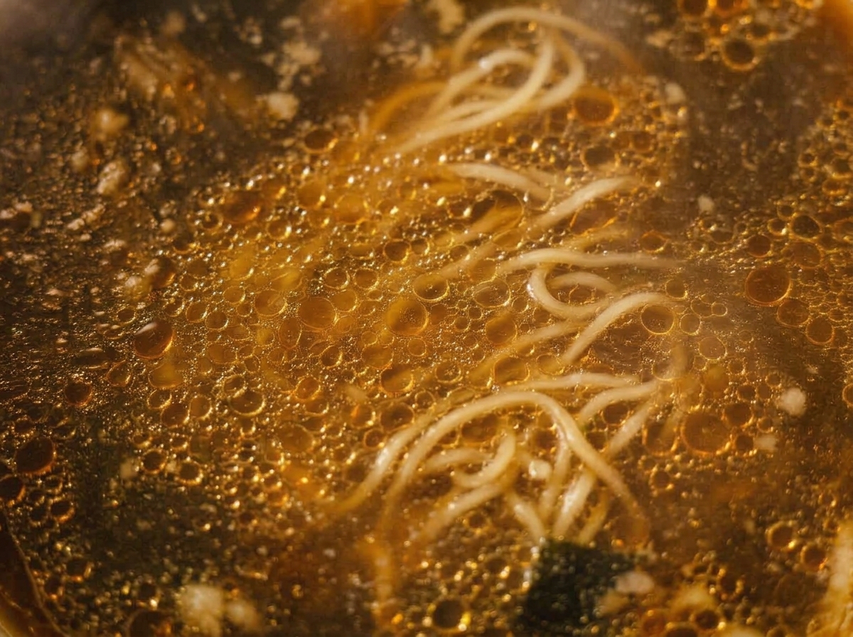 La superficie dorata di un brodo di ramen, vista dall'alto