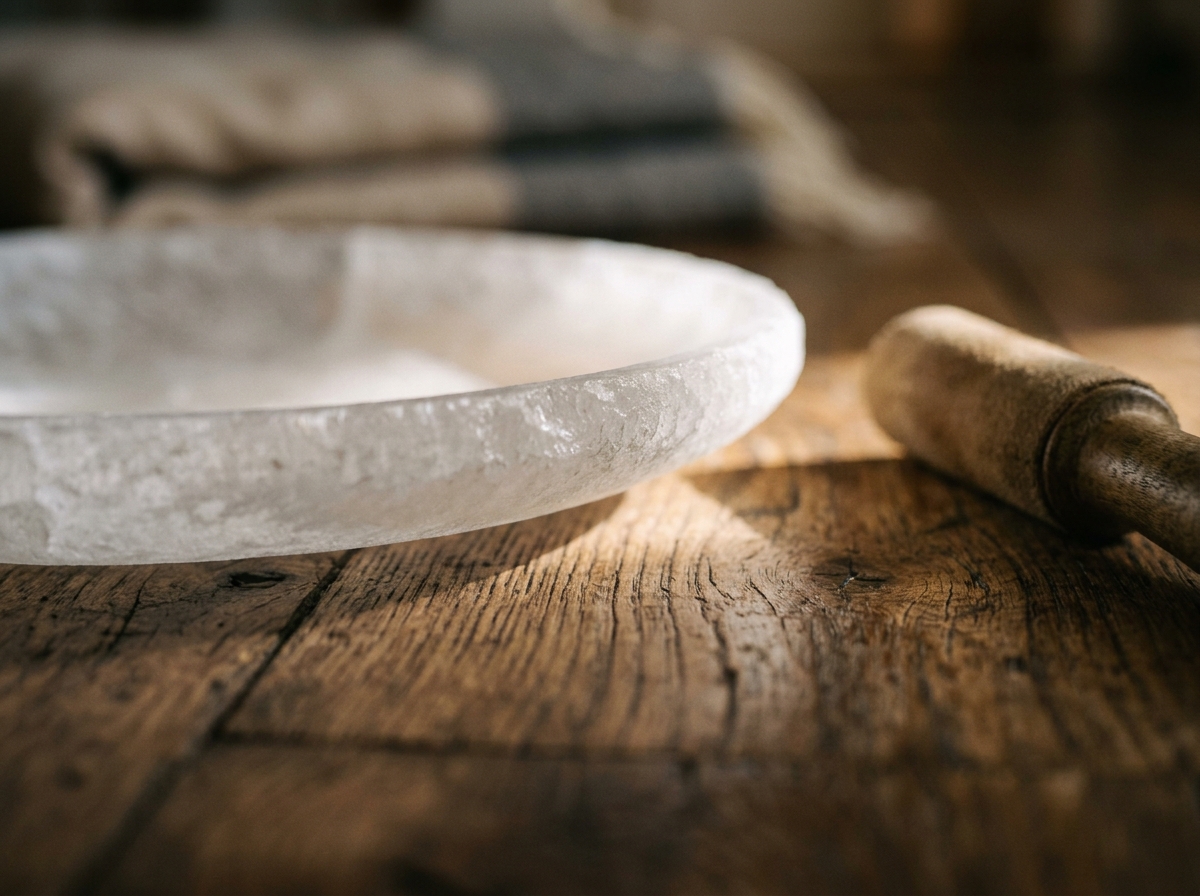 Il bordo di una ciotola di cristallo per il bagno sonoro, con il battente appoggiato accanto