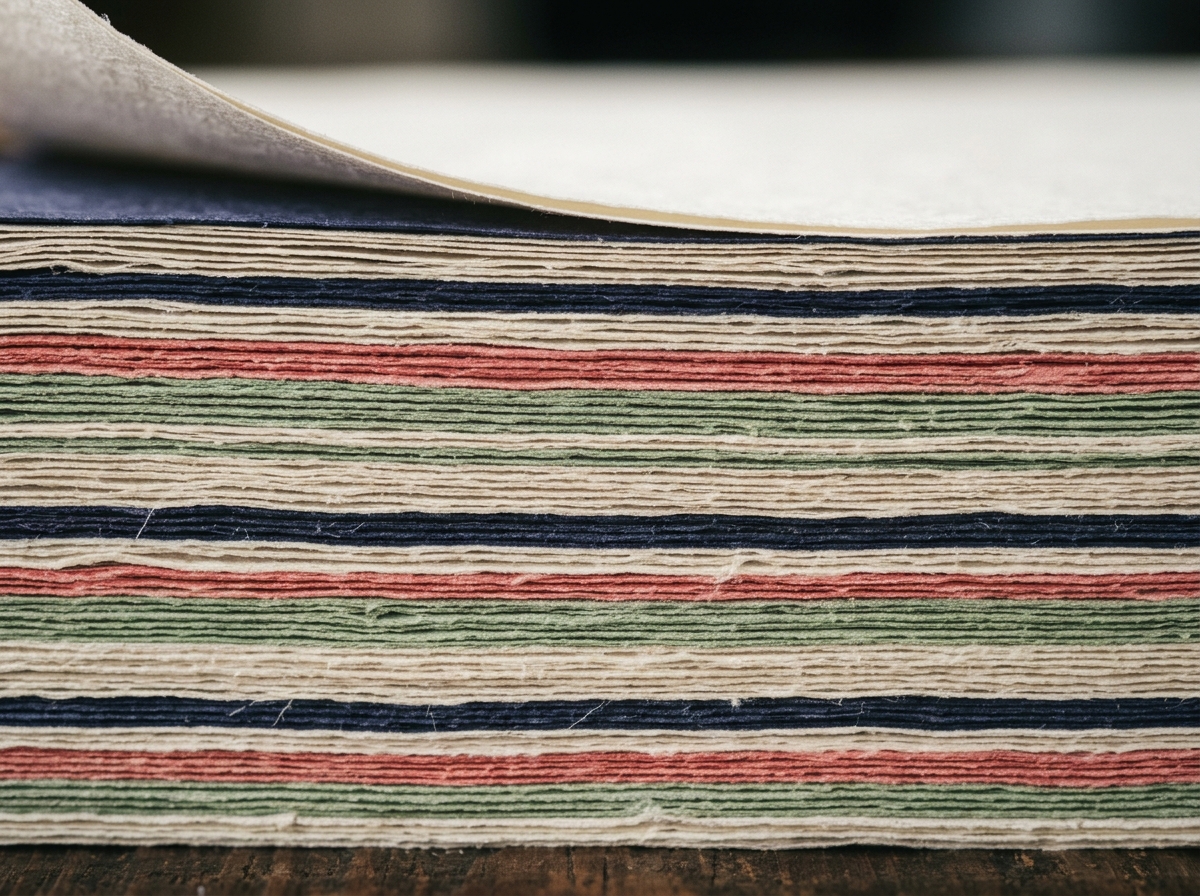 Una pila di fogli di carta washi vista di lato, in attesa di essere piegata