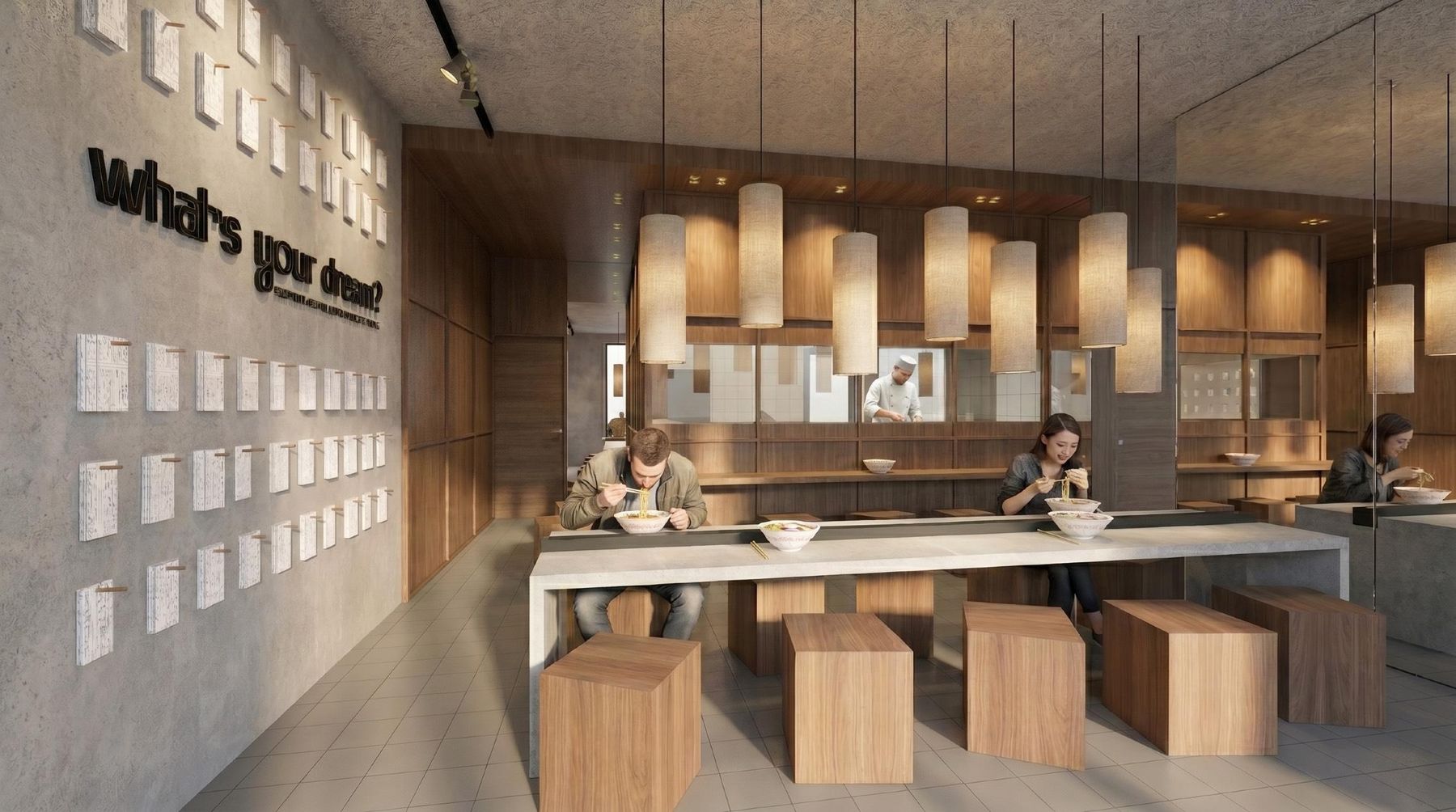 Render di progetto del banco di Yume Ramen Santarcangelo, con la cucina a vista