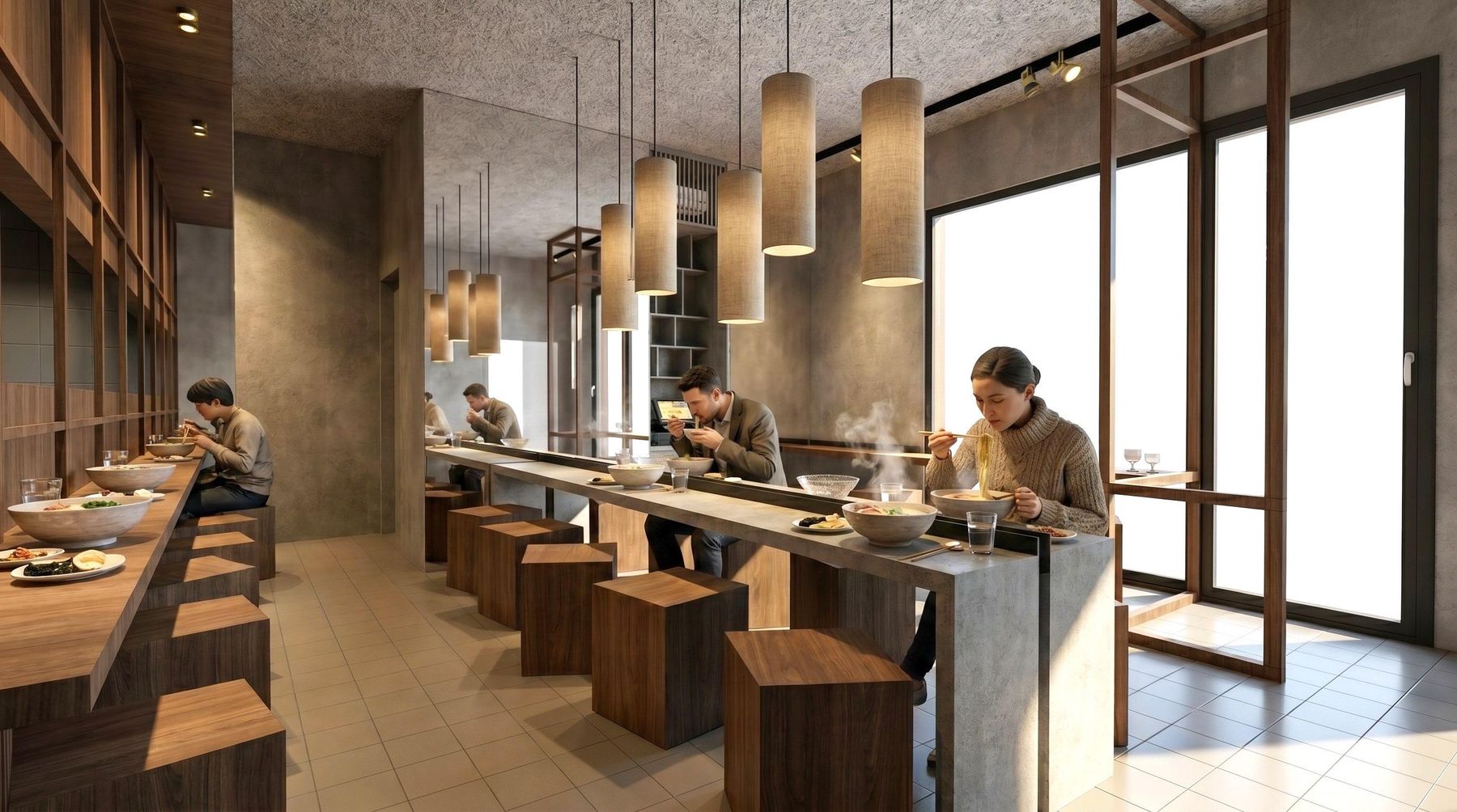 Render di progetto della sala di Yume Ramen Santarcangelo, con il banco e il tavolo